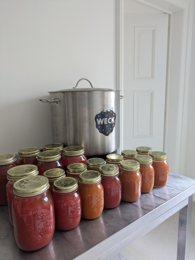 Bokalen zelfgemaakte passata naast de weckketel