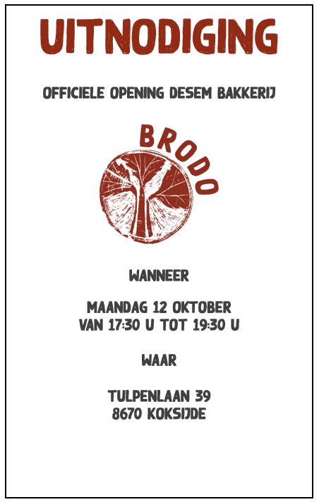 Uitnodiging voor de opening van desembakkerij BRODO op 12 oktober